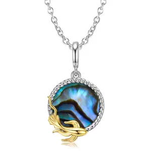 Venda quente das Mulheres Moda Jóias Ouro Peixe Design 925 Sterling Silver Abalone Shell Círculo Pingentes Encantos Colares