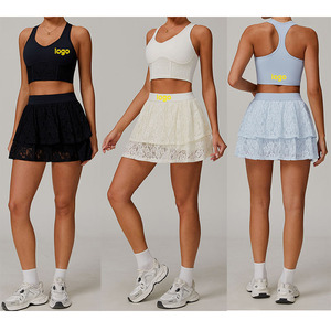 Set pakaian olahraga wanita, setelan 2 potong pakaian olahraga tenis, rok renda, Bra Racerback, celana pendek bawaan, pakaian olahraga - Product Image 1