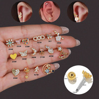 Vente en gros de boucles d'oreilles tendance de haute qualité, motifs fleurs, papillons, cœurs, ours, zircon, plaqué or 18 carats, en laiton, bijoux de piercing