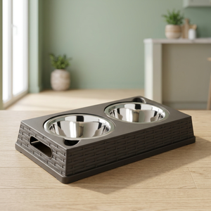 Distributeur d'eau automatique écologique pour animaux de compagnie, bol double pour dîner, bols de nourriture pour chat et chien en acier inoxydable de couleur grise - Product Image 1