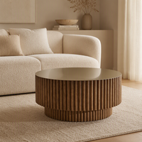 Table basse ronde en bois cannelé à 2 niveaux avec base tambour côtelée et plateau lisse pour salon et mobilier de maison