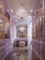 Dressing sur mesure avec îlot de toilette, armoire à portes vitrées, organisateur de placard intelligent, finition lilas pastel rêveuse