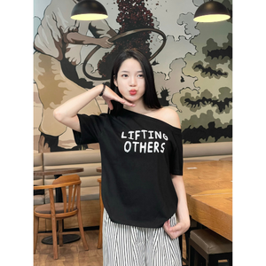 Best Selling Women's One-Shoulder T-<b>Shirt</b> Short Sleeve, Trendy Letter Print, Soft Paper Cotton Fabric <b>Black</b> Colour - Product Image 1