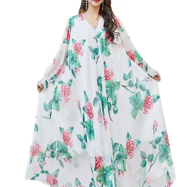 2023 Wholesale ODM temperament chiffon long sleeve print oversize evening gown women's long dress