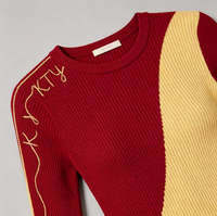 Ropa de Invierno Personalizada para Mujer Estilo Occidental, Blusa de Canalé con Bordado de Hilos Dorados, Vestido Rojo de Manga Larga para Mujer