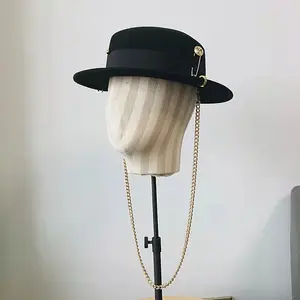 High Quality Vintage Jazz Wool Black Color Chain Decoration Party Fashion Women Elegant Mini Flat Top Hat