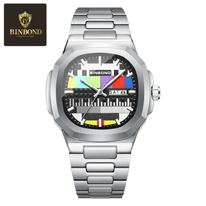 Montre à quartz rétro <span class=keywords><strong>pour</strong></span> homme BINBOND B1984, bracelet en acier inoxydable, étanche, montre originale <span class=keywords><strong>pour</strong></span> homme, cadran nostalgique sans signal <span class=keywords><strong>TV</strong></span> - Product Image 5
