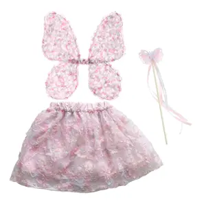 3 Pieces Butterfly Fairy Wing Dress Up Wing Pink Angel Wings and Tutu Skirt Set Fairy Wands Stick for Girl Party