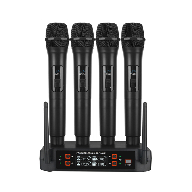 4 Channel Wireless UHF Microphone System 4 Handheld Mics LCD Display 50m Range Rechargeable for Stage Karaoke Church