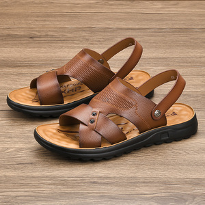 Sandales à lanières croisées pour hommes en cuir véritable, bout ouvert, semelle extérieure en caoutchouc, respirantes, chaussures décontractées d'été - Product Image 1