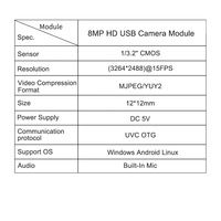 Module de vision intégré avec caméra USB 8MP 3264*2488 ultra-compacte 12x12mm 1/3.2" CMOS UVC OTG et microphone intégré