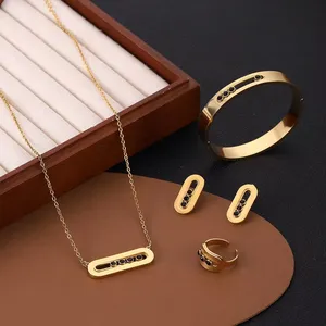 Wholesale Fashion 18K Gold Plated Zircon Necklace Earrings Ring Bracelet 4-pices Set Stainless Steel Jewelry Set For Women