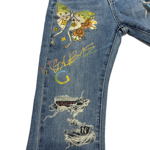 BlueTeam produttore personalizzato stampa blu Flare misura popolare da <span class=keywords><strong>donna</strong></span> pantaloni e pantaloni con foro elastico elasticizzato <span class=keywords><strong>Jeans</strong></span> da <span class=keywords><strong>donna</strong></span> - Product Image 4