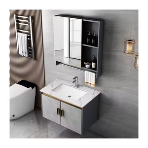 Vente en gros <span class=keywords><strong>d</strong></span>'usine Armoire de salle de bain murale grise à double porte en PVC avec miroir LED pour lavabo pour salle de bain <span class=keywords><strong>d</strong></span>'hôtel - Product Image 3
