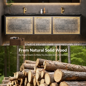 Meuble-lavabo de salle de bain, meuble-lavabo double vasque avec miroir LED anti-buée, meuble-lavabo mural flottant en bois massif - Product Image 4