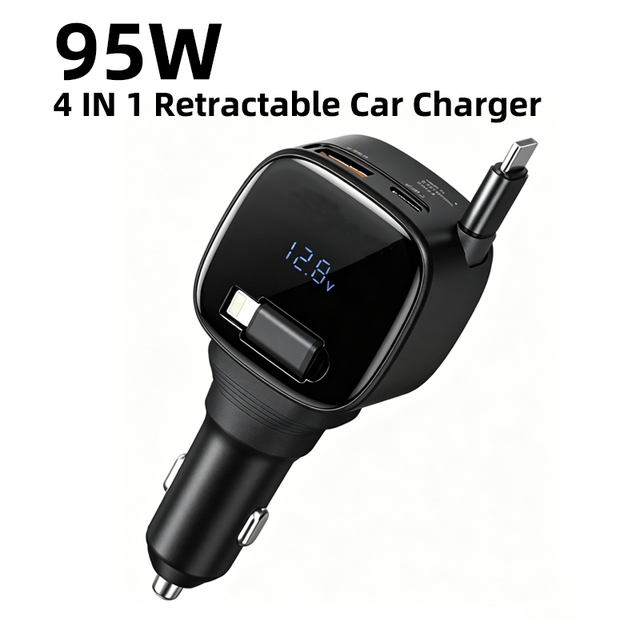 95W PD 3.0 QC3.0 Fast Charging 4-in-1 Portable USB-C Retractable Car Charger LED Digital Display 2 Cables Adapter Laptop CE