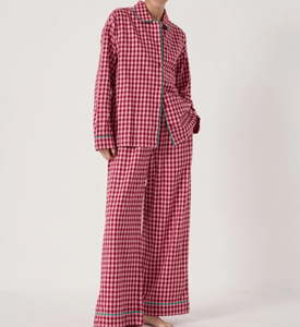 Pyjama en coton ample pour femmes, ensemble de vêtements de nuit pour femmes, pyjama à carreaux rouges à manches longues, pantalon de détente, ensemble 2 pièces - Product Image 2
