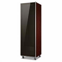 Réfrigérateur de présentation vertical de luxe avec finition en bois de rose, porte vitrée simple, pour vin, bière et spiritueux, avec étagères métalliques réglables