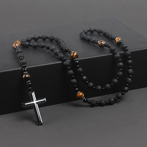 <span class=keywords><strong>Collana</strong></span> Unisex Vintage <span class=keywords><strong>con</strong></span> Pendente a Croce Religiosa, <span class=keywords><strong>Rosario</strong></span> Cattolico <span class=keywords><strong>con</strong></span> Perle in Pietra Lavica Nera Naturale da 8mm per Uomini e Donne - Product Image 2