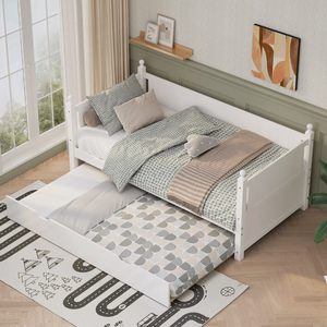 Twin Size <strong>Daybed</strong> with Pull Out <strong>Trundle</strong> Bed Wooden Bed Frame Sofa Bed White - Product Image 3