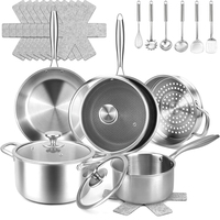 Ensemble de casseroles en acier inoxydable triple couche de haute qualité, couvercles en verre modernes sans revêtement, poignées en acier inoxydable, compatible gaz et induction, 10 pièces