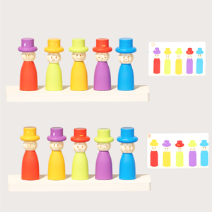 Puzzle di ordinamento Montessori per bambini piccoli, gioco in legno con 5 figure per abbinare colori e impilare, con carte con espressioni e cappelli - Product Image 3