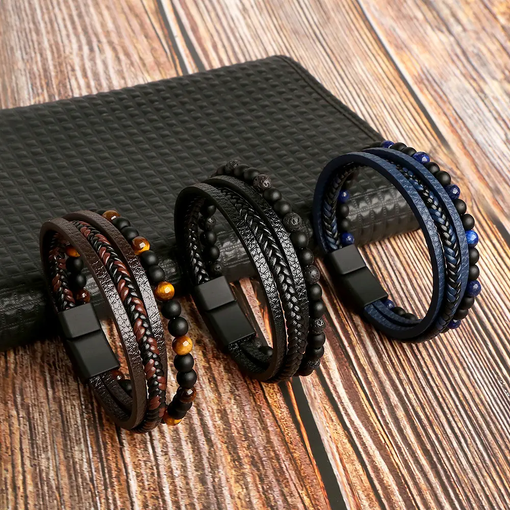 Mens Handmade Braided Multilayers Leather Bracelet Stainless Steel Black Magnetic Clasp Leather Bracelet For Men Gift