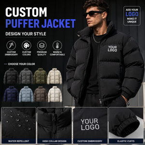 Custom Puffer Jacket Men Water Repellent <b>Padded</b> <b>Coat</b> Stand Collar Embroidered Logo Elastic Cuff Winter Outerwear - Product Image 1