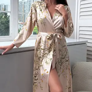 夏のセクシーな女性のアイスシルクサテンローブ長いシステムとバスローブドレッシングガウンファッション薄いホームウェア