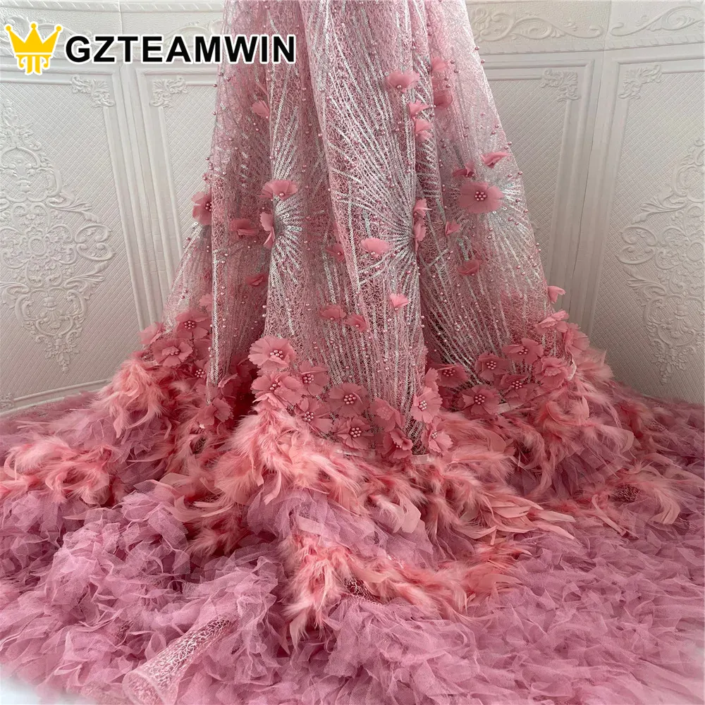 3D lace embroidery flower fabric Wedding Tulle Lace Soft Bridal Dress Pearl Feather Mesh net lace fabric with feathers Sequin