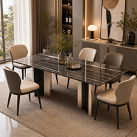 Table à manger rectangulaire moderne en marbre foncé avec pieds en acier inoxydable brossé bicolore, mobilier d'hôtel