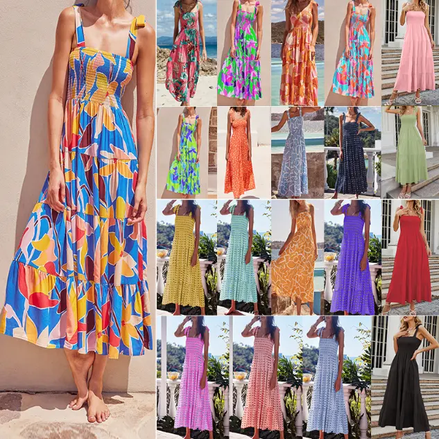 Summer Women's New Holiday Strap Lace-up Printed Hot Girl Long Dress