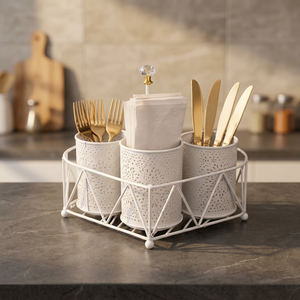 Modern Metal Cutlery Holder <b>Set</b> with 3 Perforated Cans for Kitchen Tableware Storage Detachable Design White Finish - Product Image 4