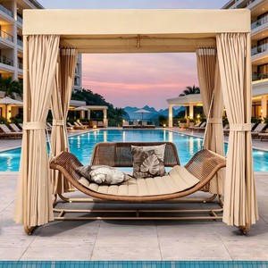 <span class=keywords><strong>Lit</strong></span> de repos <span class=keywords><strong>suspendu</strong></span> double en rotin et aluminium, résistant aux intempéries, avec rideaux d'ombrage pour jardin en bord de mer - Product Image 4