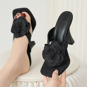 Front Flower Women's Sexy Dress <b>Clip</b> Toe Shoes High Heels Denim Pumps Fashion Sandals on Summer Causal Mules - Product Image 2