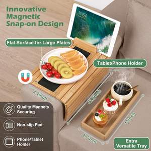 Bandeja Plegable <span class=keywords><strong>de</strong></span> Bambú para Sofá, Mesa Magnética Desmontable para Brazo <span class=keywords><strong>de</strong></span> Sofá con Soporte para Teléfono y Tablet - Product Image 2