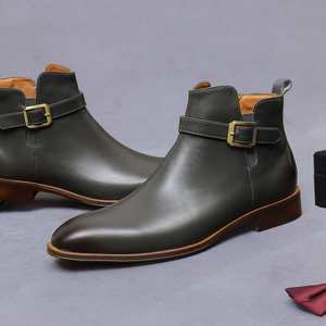 Bottes en cuir pour hommes, style mode, avec boucles de ceinture, bottes formelles d'affaires, bottes courtes en cuir véritable à fermeture éclair, chaussures de bureau pour hommes - Product Image 3