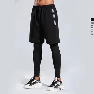 men's workout gym training shorts with leggings bottoms 2 pcs in one fitness running wear jogger pants joggers for men 2023