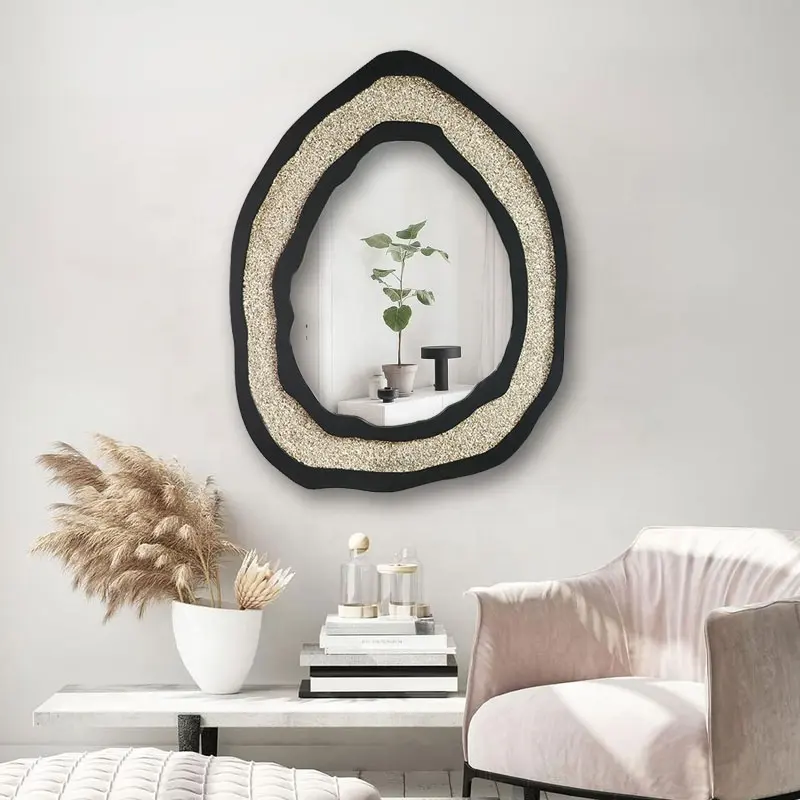 도매 사용자 정의 쉘 분말 창의력 최고의 럭셔리 장식 벽 거울 아크릴 깔린 돌 장식 거울