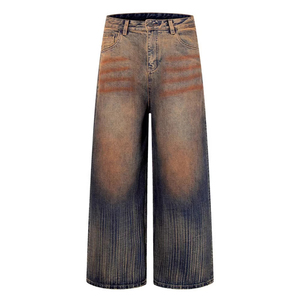 Nuevos pantalones <span class=keywords><strong>vaqueros</strong></span> de mezclilla de pierna ancha estilo americano vintage para <span class=keywords><strong>hombre</strong></span>, de alta calidad, desgastados y lavados, con efecto cola de gato, holgados. - Product Image 2