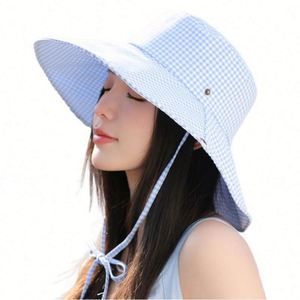 Women's Korean Style Plaid Fisherman Sun Hat with Wide Brim Lace-up Outdoor Mountaineering Summer Travel <b>Sunscreen</b> Hat - Product Image 6