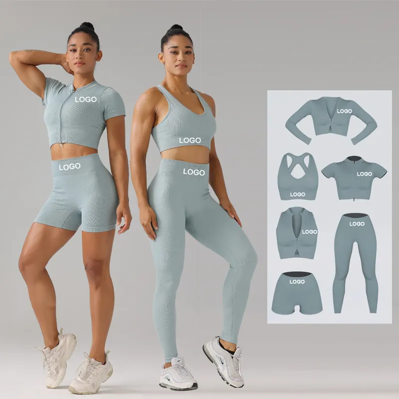 2023 wanita 6 potong Ribbed Yoga Set ritsleting warna Natural Activewear Suit Jogger mulus pakaian olahraga kebugaran latihan Gym pakaian