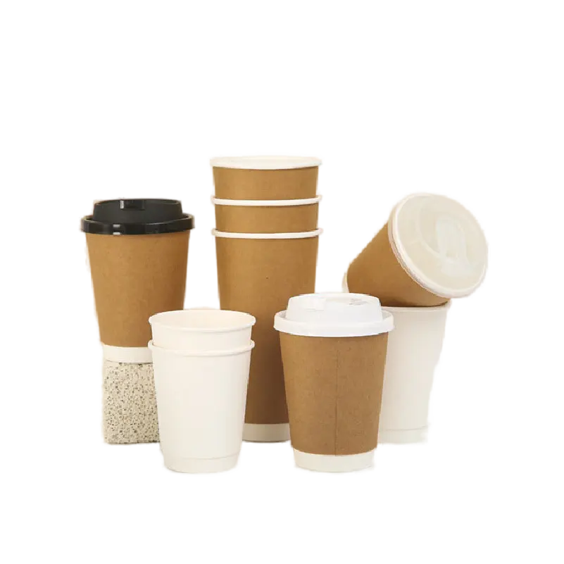 Instocked Disposable kraft paper and White Paper Thick Heat Insulation Coffee Cup with Lid   Can Be Customized