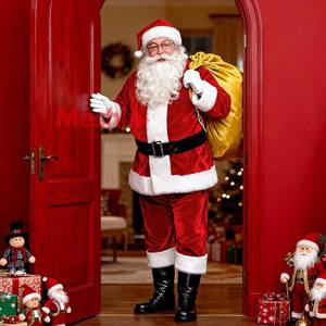 Costume de Père Noël rouge pour adulte avec bordure en velours et divers accessoires - Tenue de cosplay pour fête de Noël - Product Image 3