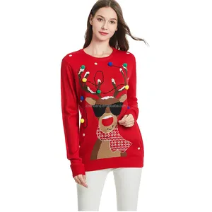 Ugly Christmas Sweater Women's Christmas Reindeer Themed Knitted Holiday Sweater Girl Pullover