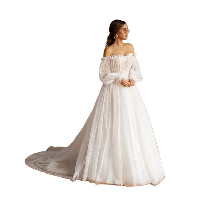 Тюлевое свадебное платье в горошек с открытыми плечами и пышными рукавами, сексуальное платье невесты с открытой спиной и длинным рукавом с 3D цветами