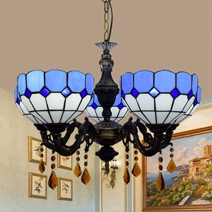 Tiffany Baroque Style Chandelier Light Blue Stained <strong>Glass</strong> <strong>LampShade</strong> 5 Lights <strong>Pendant</strong> Light for Living Room Bedroom Hotel - Product Image 1
