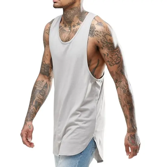 Camiseta de algodón con dobladillo curvo para hombre, camiseta sin mangas con agujero en el brazo, color blanco, 100% Pima