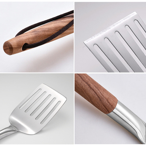 Set di 4 Utensili da Cucina in Acciaio Inox con Manico Lungo in Legno per Friggere Pesce e Bistecca - Product Image 3