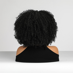 Perruque noire <span class=keywords><strong>cheveux</strong></span> <span class=keywords><strong>mi</strong></span>-longs vague super bouclée avec <span class=keywords><strong>frange</strong></span> perruque africaine femmes fibre résistante à la chaleur mat durable photo en direct - Product Image 5